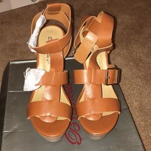 Brown Wooden Wedge Block Heels
